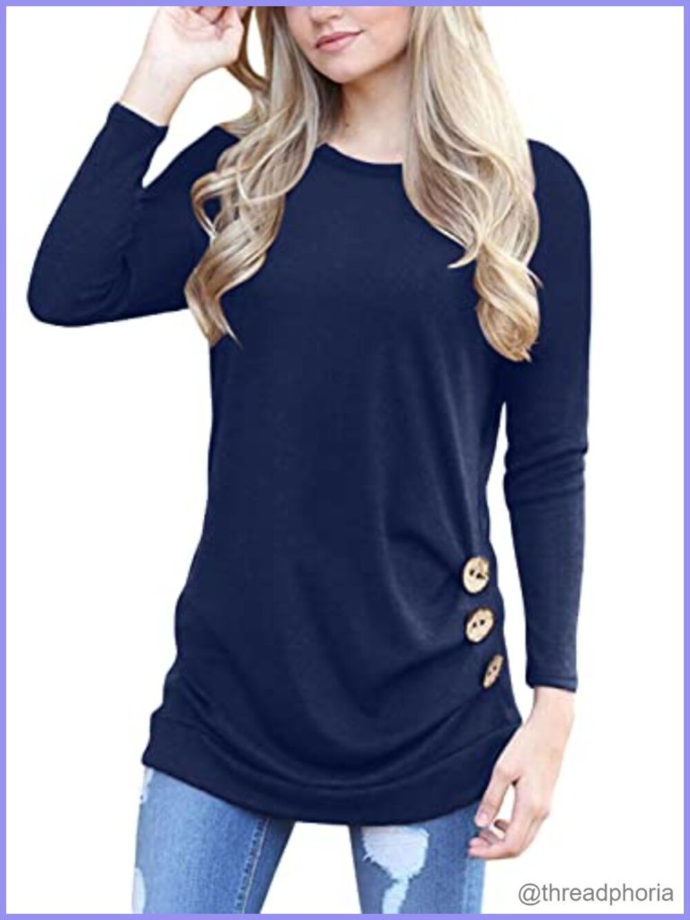 Women's Long Sleeve Tunic Top Button Decor Crewneck Relaxed Fit